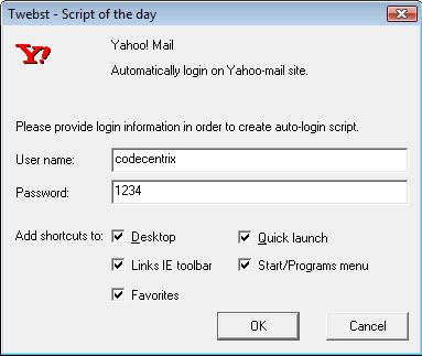 Choose location for shortcuts and provide login info